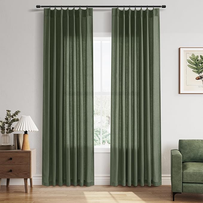 Olive Green Pinch Pleated Linen Curtains 84 Inch Length for Living Room Bedroom Vintage Country Boho Farmhouse Window Privacy Light Filtering Semi Sheer Drapes with Hooks for Nursery Aesthetic Decor