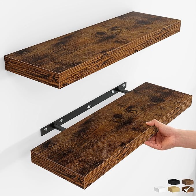 Fun Memories Floating Shelves for Wall, Rustic Wood Wall Mounted Shelves for Bathroom, Bedroom, Living Room and Kitchen, Storage & Home Decor (Set of 2, Brown, 24 in)