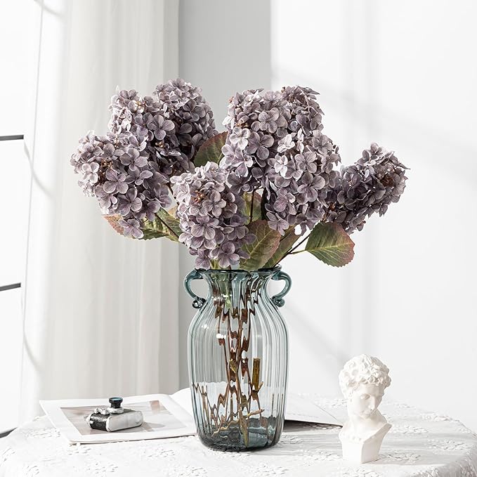 Ttranewsoo Fake Flowers Hydrangea Silk Flowers with Stems, Fake Grayish Hydrangea Artificial Flowers Winter Flowers Artificial for Decoration Vase Decor 24"（Grayish Purple ） 8PCS Wthout Vase
