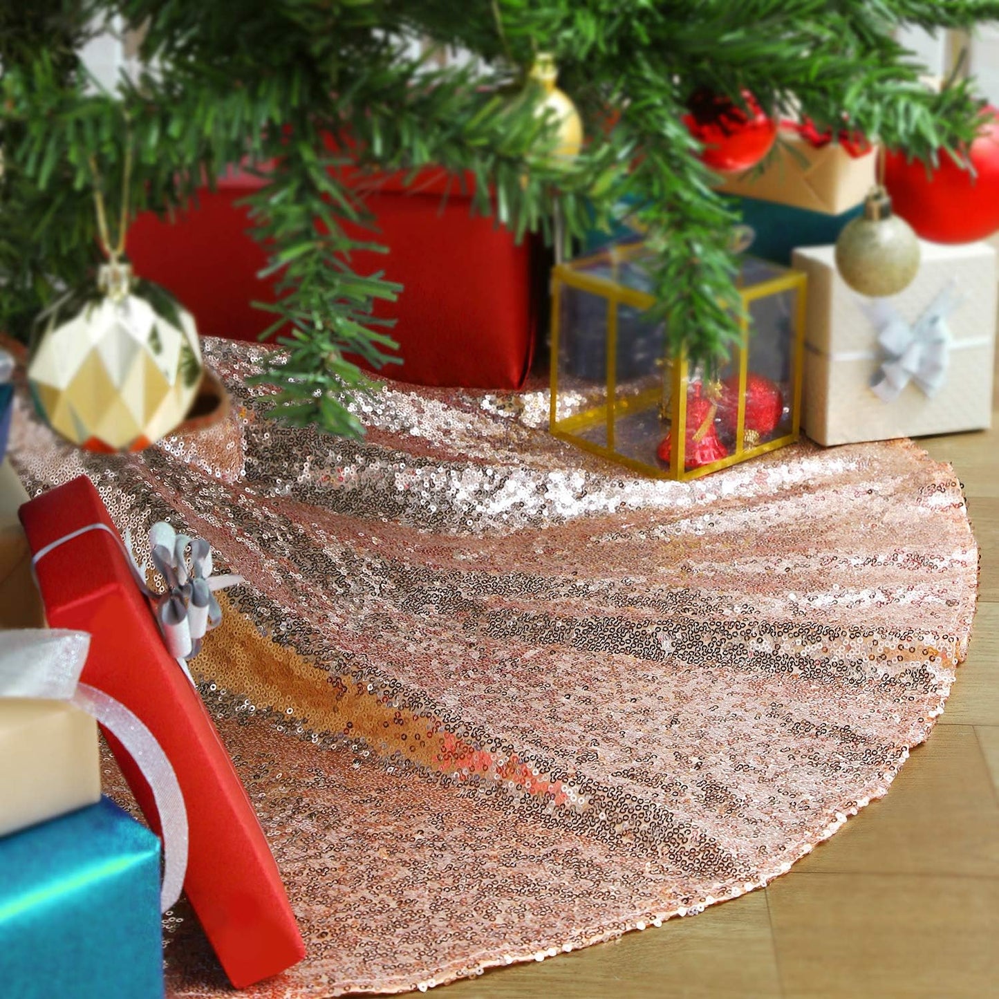 Rose Gold Christmas Tree Skirt 24 Inches Sequin Tree Skirt Small Tree Skirt for Christmas Decorations