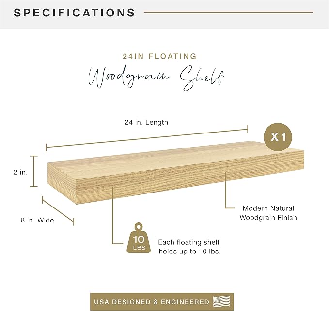MCS Natural Woodgrain Floating Shelf, 24 Inch x 8 Inch, 24 x 8
