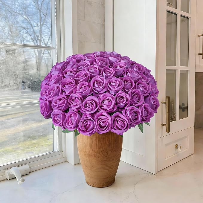 50 PCS Roses Artificial Flowers, Fake Roses with Stem Realistic Fuchsia Silk Roses for DIY Wedding Bouquets Table Centerpieces Arrangements Baby Shower Birthday Home Decor Valentine's Day Gift for Her