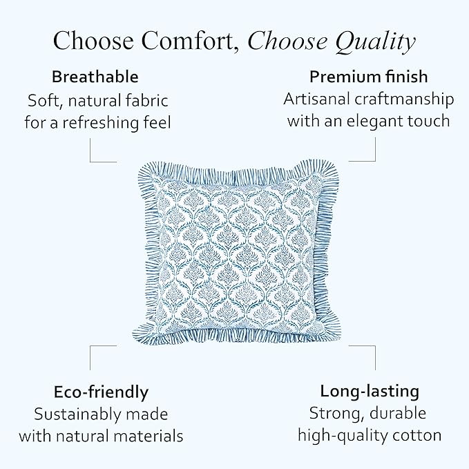 CPC Indigo Regal Hand Block Print 100% Cotton Ruffle Throw Pillow Cover 24x24 inch with Hidden Zipper Decorative for Couch, Bed, Sofa, Farmhouse, Cottagecore Decor Gift Christmas Fall Thanksgiving