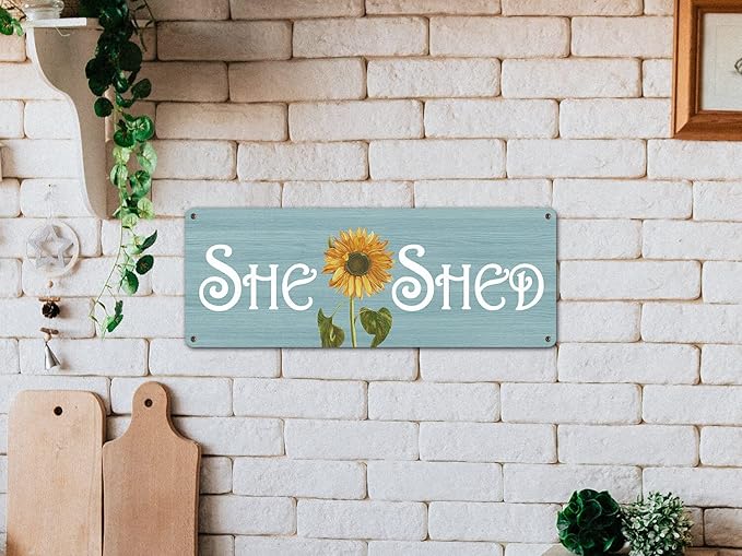 She Shed Decor, Farmhouse Sunflowers Wall Sign for Home Kitchen, Garden, Women Cave, Gift for Girlfriend, Ladies, Tin Metal Signs 16x6
