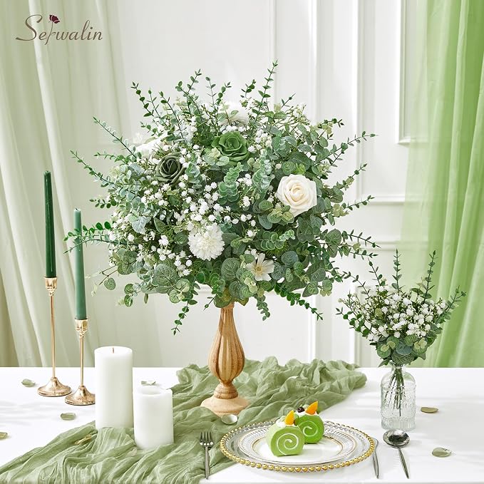 Serwalin 50Pcs Mixed Eucalyptus Greenery Stems 3 Kinds,Baby Breath Flowers Artificial Bulk with Faux Eucalyptus Stems Fake Greenery for DIY Bouquets Wedding Floral Arrangement Home Decor