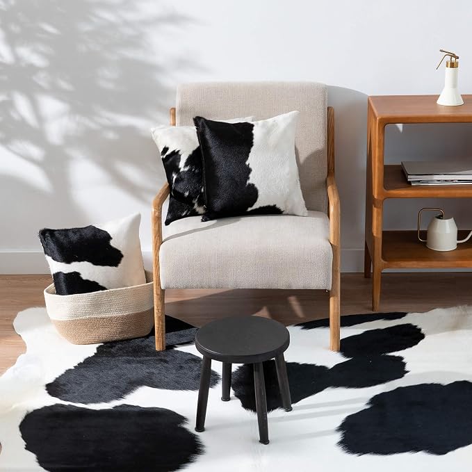 ecowhides 100% Genuine Brazilian Cowhide Pillow Cover – Black and White – Single-Sided – Luxury Leather Decorative Cushion for Rustic & Western Home Décor – 15” x 15”