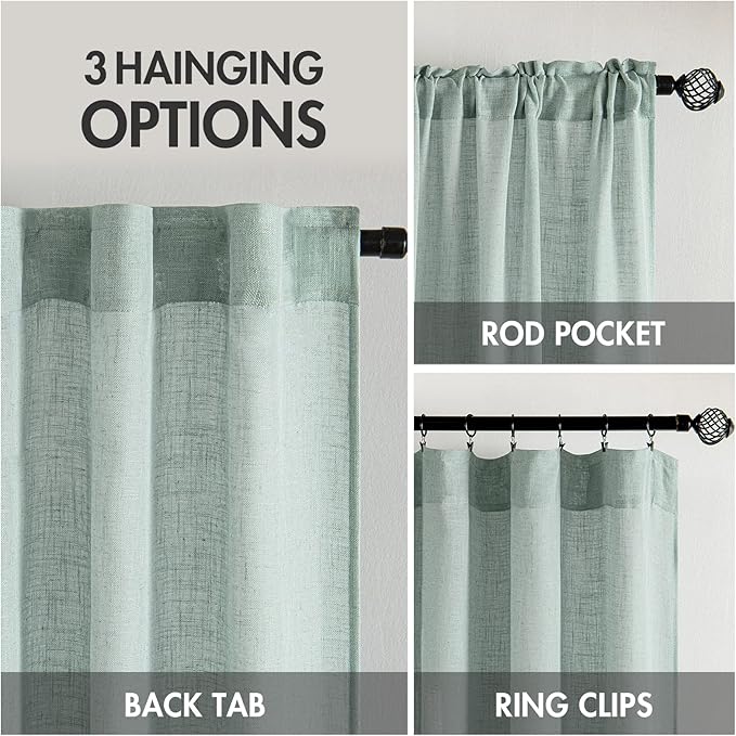MIULEE Sea Green Linen Curtains 84 Inch Length for Bedroom Living Room, Soft Thick Linen Textured Window Drapes Semi Sheer Light Filtering Back Tab Rod Pocket Burlap Look, 2 Panels, 37x84 Inches