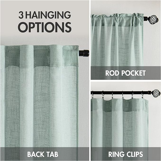 MIULEE Sea Green Linen Curtains 108 Inches Long for Bedroom Living Room, Soft Thick Linen Textured Window Drapes Semi Sheer Light Filtering Back Tab Rod Pocket Burlap Look Aqua Decor, 2 Panels