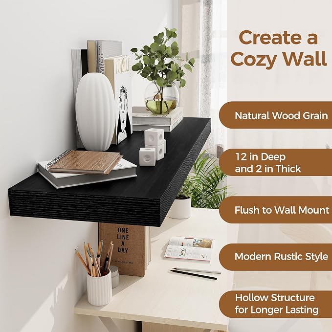 Black Floating Shelves 36 Inch Long, 12 Inch Deep Floating Shelves for Wall, 36 x 12 Shelves for Wall Storage & Display, 2" Thick Floating Shelf for Bathroom, Living Room, Bedroom, Set of 1
