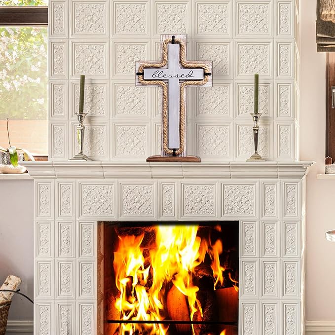 OKSQW Wall Wooden Cross with Wooden Base Christians Crosses Spiritual Religious Cross Christmas Wall Hanging Handmade Wood Hemp Rope & Blessed Design for Church Home Room Décor Wood Crucifix Gift