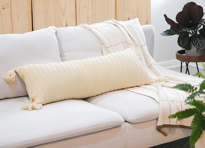 Long Knit Lumbar Pillow Cover – 14x36 Soft Ribbed Cotton with Tassels, Neutral Accent for Calm, Cozy Spaces (Oat Milk)