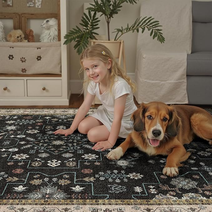 DCX Black Boho 5x7 Area Rugs, Machine Washable Non Slip Geometric Floral Rug, Stain Resistant Low Pile Soft Rug for Living Room, Bedroom, Nursery, Playroom