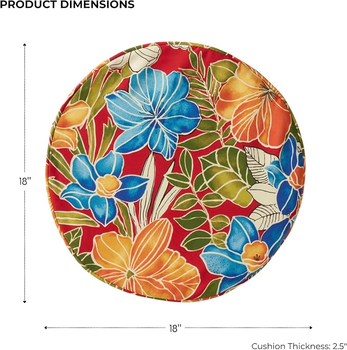 Set of 2 Outdoor 18 inch Round Patio Dining Chair Pads – Comfortable Fiber-Filled Seat Cushions with Ties, Reversible Polyester Fabric, Aloha Red Floral