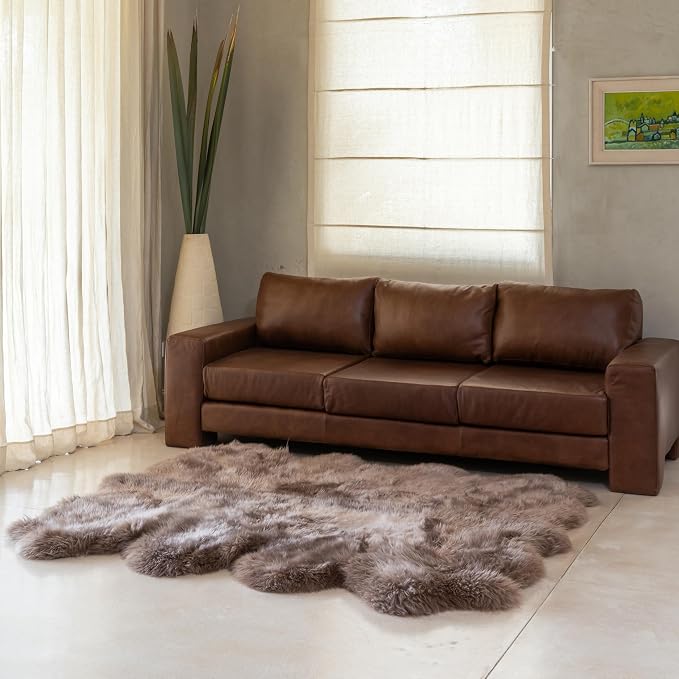 Premium Octo 100% Genuine Sheepskin Area Rug Long Hair 6x6 ft – Natural Soft & Fluffy Lambskin Rug for Bedroom or Living Room – Made in Argentina (Beige)