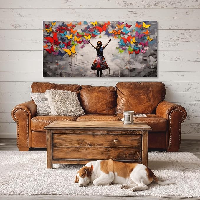 Graffiti Girl Wall Art for Living Room Canvas Oil Painting Prints Beautiful Butterfly Dream Art Deco Modern Artwork Office Bedroom Girls Dormitory Dining Room Decor Extra Large
