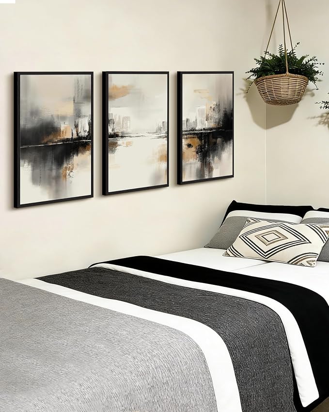 PHOPAGO Black Gray Abstract Landscape Framed Wall Art Brown Tan Neutral Wall Decor Minimalist Modern Illustrations Prints Bedroom Home Decor - 12x16in Black Framed