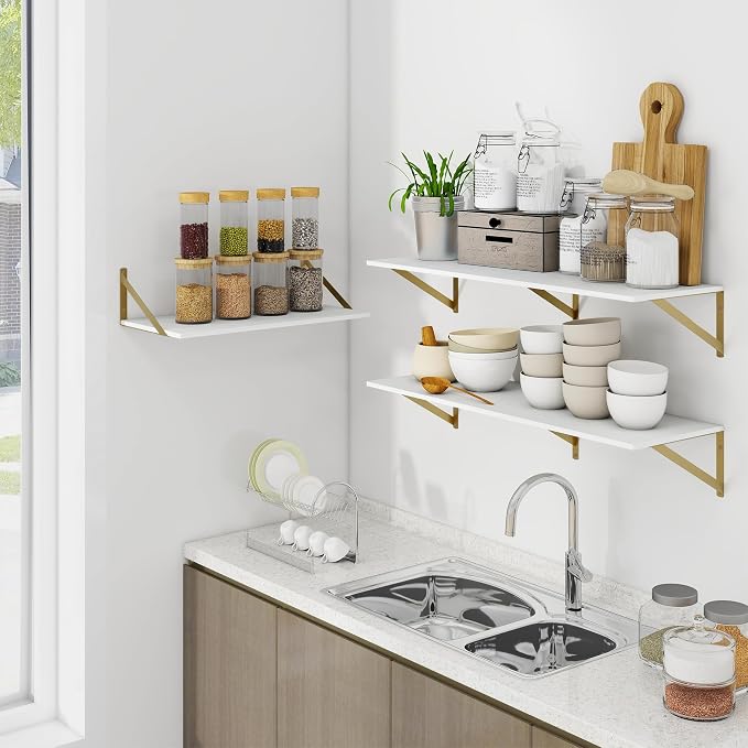 Heimlove Deep Floating Shelves for Wall, 48W x 12D Wood Wall Shelves Set of 2, Wide Floating Bookshelf for Living Room, Kitchen, Office, Bedroom and Decor Storage, with Golden Bracket - White & Gold