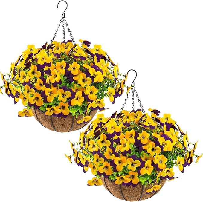 lovemoon 2 Set Artificial Outdoor Pansies Flowers with Hanging Baskets, 2 Hanging Planters with 24 Pcs Silk Pansy Flowers for Spring Easter Decorations Porch Patio Home Decor (2, Purple, Yellow)