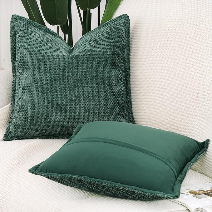 MADIZZ Decorative Chenille Velvet Throw Pillow Covers Set of 2 Soft Boho Textured Neutral Couch Throw Pillow for Bed Modern Farmhouse Home Decor for Sofa Livingroom Dark Green 24x24 Inch Euro Sham