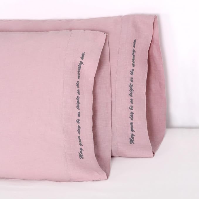 Linen Pillow Cases with Embroidery Design,20"x40" King Size Set of 2,100% French Flax Soft Handmade Linen Pillowcases,Pink Lavender Embroidery