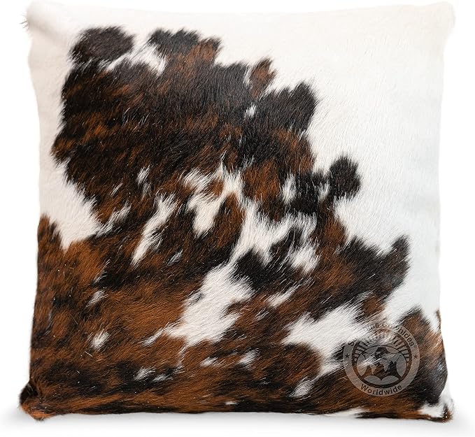 Sunshine Cowhides 100% Genuine Cowhide Pillow Cover - 15" x 15" Square Tricolor Decorative Cow Print Pillows w/Zipper Closure for Couch or Bed Decor (Pillow Filler Not Included) - 1 Piece