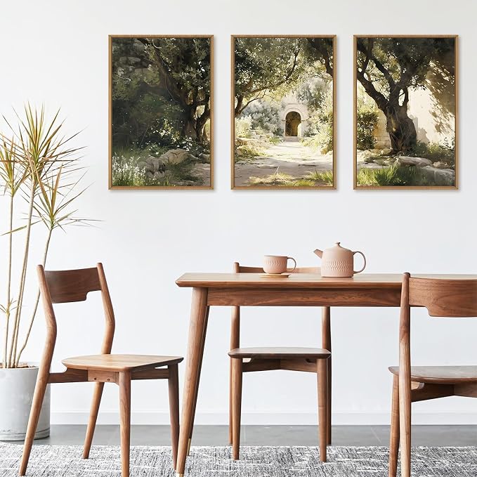 Garden of Gethsemane Landscape Framed Canvas Wall Art, Jerusalem Town Villages Scenery Prints, Jesus Boho Religious Decor, Christian Bible Art Painting for Bedroom Living Room Office 24"x36"x3