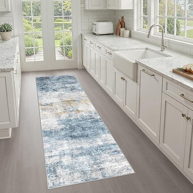 Runner Rug Non-Slip Kitchen Rug: 3x8 Washable Abstract Modern Soft Stain Resistant Indoor Floor Neutral Accent Throw Carpet for Hallway Bathroom Laundry Room Bedroom Entryway- Blue Gold