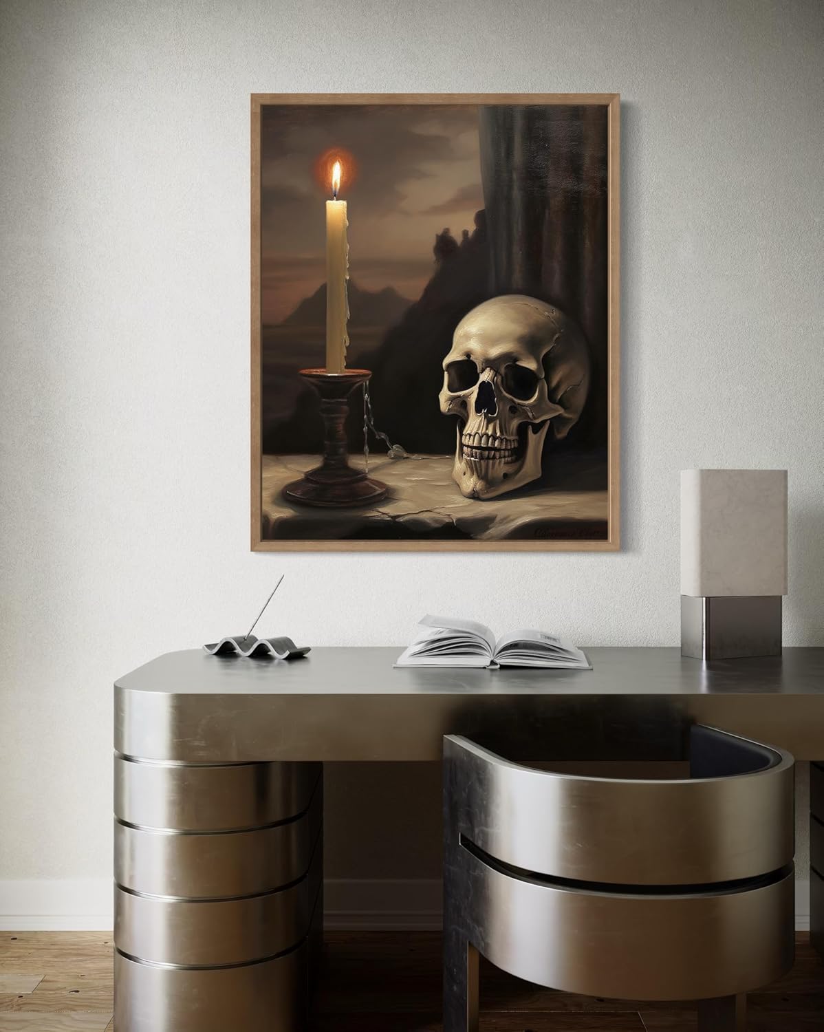 Skull and Candle Poster Art Print, Halloween Scary Vintage Wall Art Academia Spooky Painting Decoration for Horror Prints, Gothic Posters Bedroom Decor 89 (Skull and Candle, 16 x 20 inches, Wood Frame)