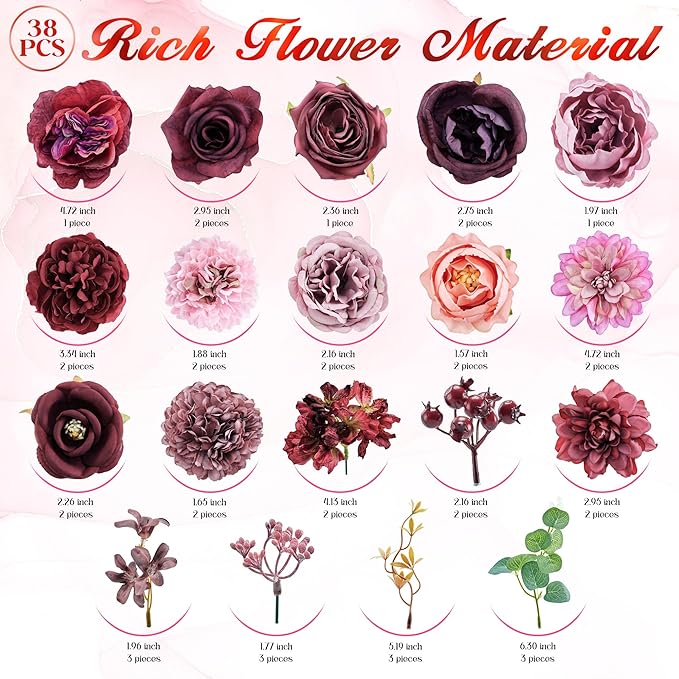Artificial Flowers Combo Box, 38PCS Fake Flowers, Silk Flower Mix with Wire Stem, DIY Wedding Bridal Bouquet for Arrangement, Shower Party Home Décor, Blush Pink & Burgundy Mix