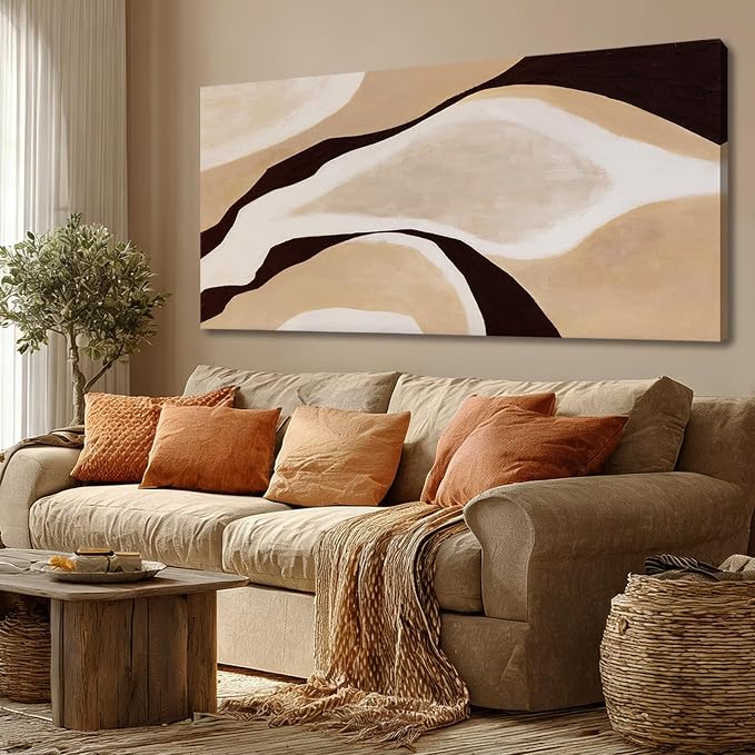 Dolidoteart Beige Brown White Black Canvas Wall Art, Large Neutral Abstract Wall Art Print for Bedroom, Modern Horizontal Wall Decor for Living Room, 24x48 Inch