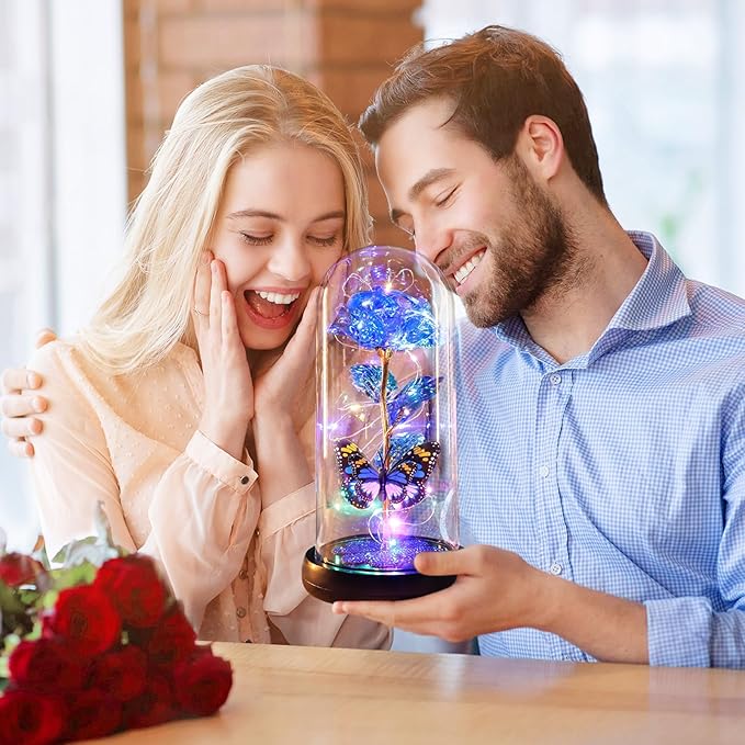 Mothers Day Rose Gifts for Mom Birthday Gift for Women, Rechargeable Galaxy Glass Rose in Glass Dome Crystal Eternal Roses Butterfly Mother's Day Flowers Gifts for Women Mom Wife Grandma Daughter Blue