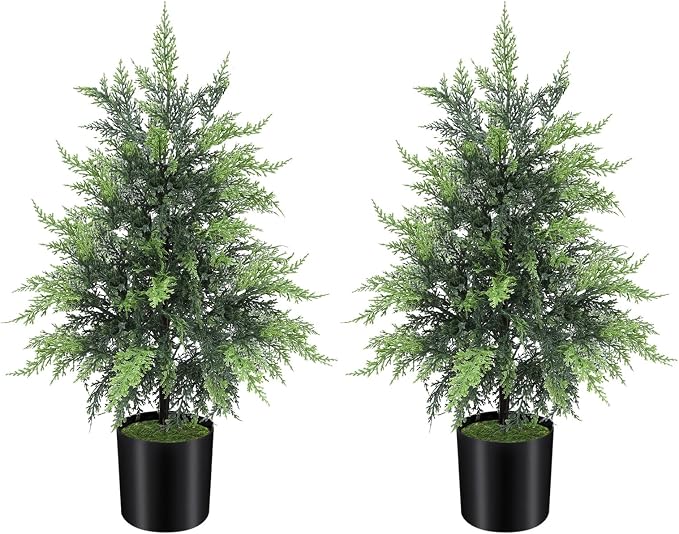 ENVEN Outdoor Artificial Topiary Cedar Tree Real Touch Faux Pine Evergreen Shrub Plant UV Resistant Greenery Tree with Pot Realistic Cypress Front Porch Decor (2FT-2Pack)