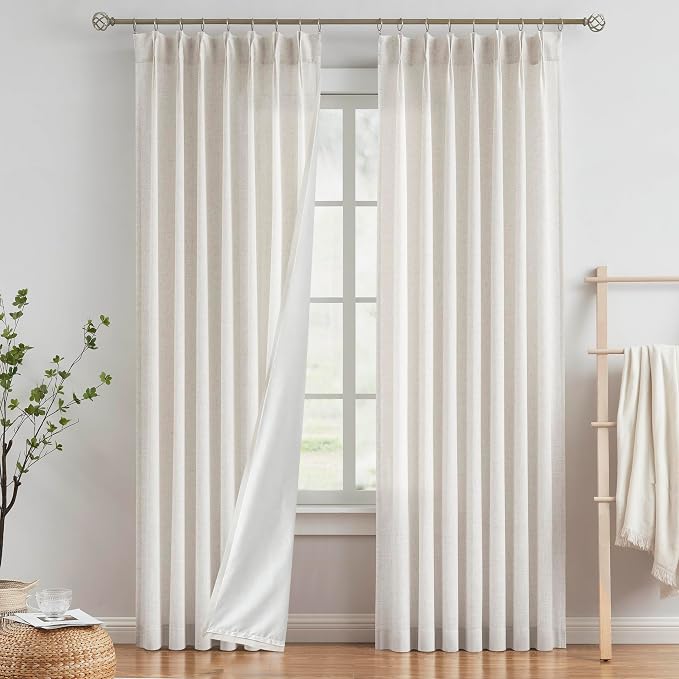 Vision Home Natural Pinch Pleated Light Filtering Curtains with Microfiber Liner 120 inch Linen Blended Textured Privacy Drapes for Living Room Bedroom Back Tabs with Hooks 10FT 2 Panels 40" Wx120 L