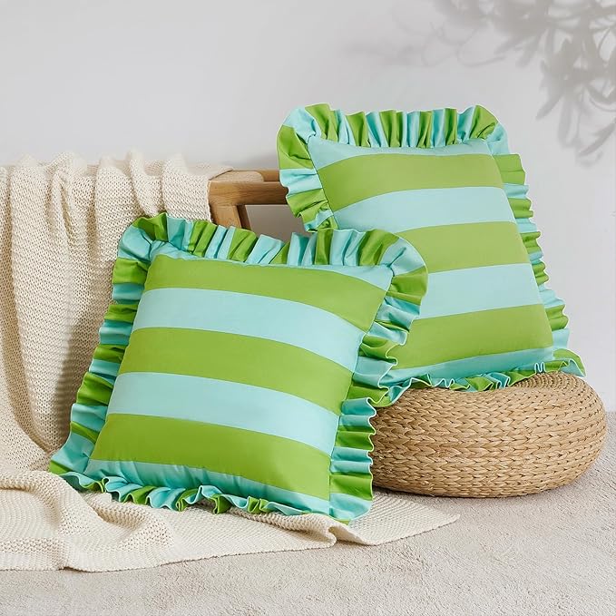 MONDAY MOOSE Decorative Throw Pillow Covers, Set of 2 Water-Resistant Striped Design with Ruffle Edge for Outdoor/Indoor Use, Pillow Inserts Not Included (18x18 inch, Light Green/Light Blue)