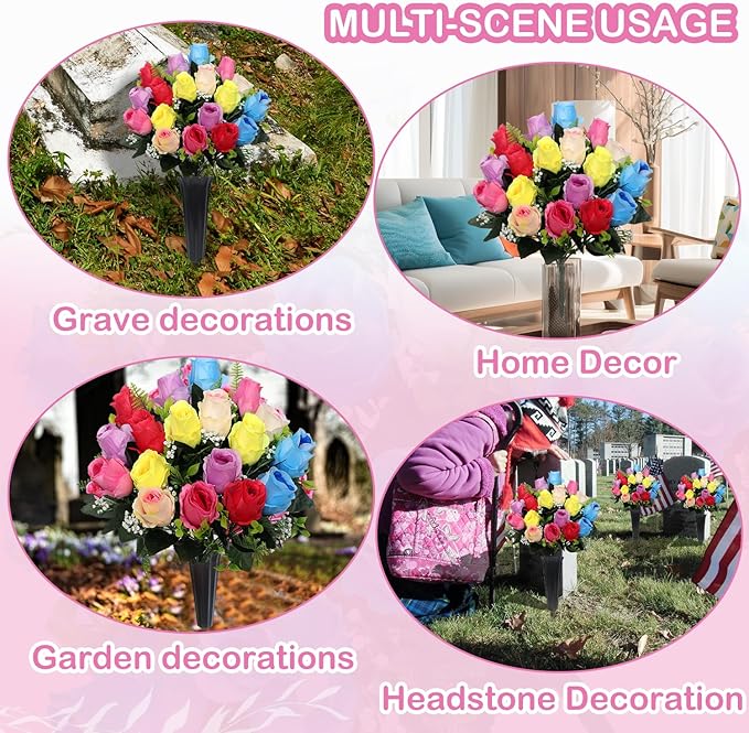 Lodou Set of 2 Artificial Cemetery Flowers, Memorial Flowers Bouquet,Grave Memorial Flowers with Vase for Cemetery Headstones Decoration (Color)