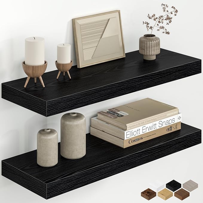 Fun Memories 24 Inch Floating Shelves for Wall, 8 Inch Deep Rustic Wood Floating Shelves Set of 2, Wall Mounted Hanging Shelf with Invisible Brackets for Bathroom, Bedroom, Kitchen, Living Room, Black