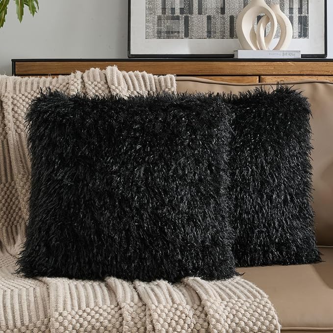 FUTEI Pack of 2 Shaggy Mongolian Faux Wool Throw Pillow Covers 18x18 Inch Soft Decorative Cushion Case for Couch Bed Living Room, Black