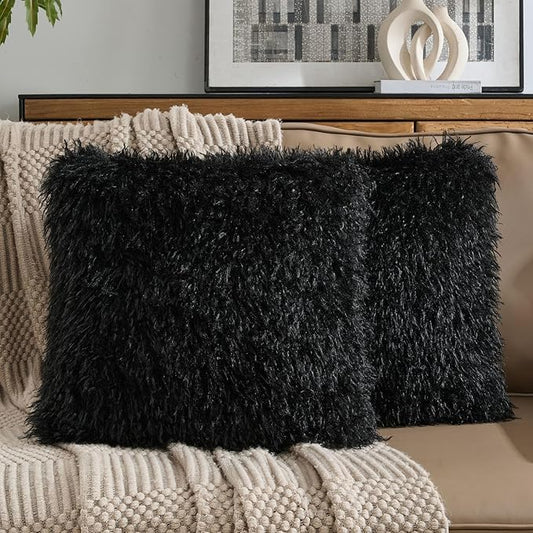 FUTEI Pack of 2 Shaggy Mongolian Faux Wool Throw Pillow Covers 18x18 Inch Soft Decorative Cushion Case for Couch Bed Living Room, Black