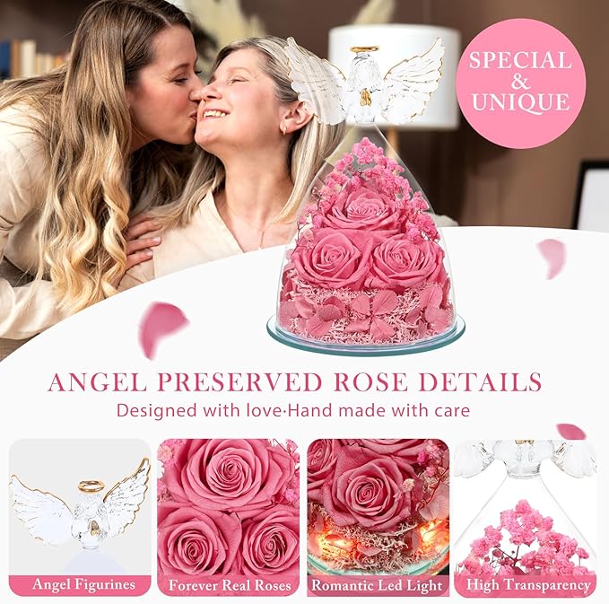 Flowers for Delivery Birthday Gifts for Women Gifts for Mom Grandma Mothers Day Fresh Preserved Flowers Forever Real Roses in Glass Angel Figurines Anniversary Present for Wife Her Friends Daughter