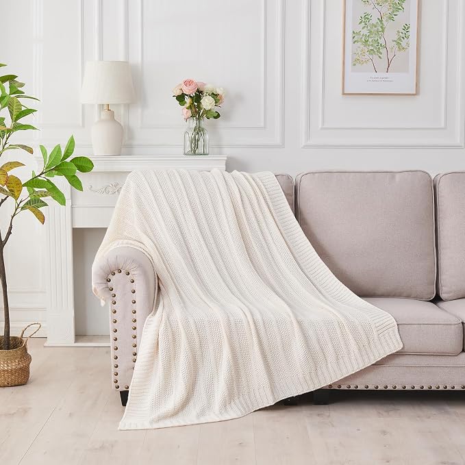 Douceur Cream Throw Blanket for Bed, Soft Cozy Lightweight Stripe Pattern Knitted Throw Blanket for Sofa, Living Room, 60"X80"