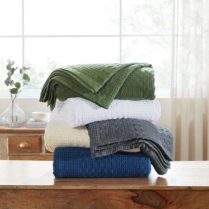 VHC Brands 100% Cotton Waffle Weave Twin Blanket 66"x90", Decorative Lightweight Spring and Summer Throw Blanket, Bedroom Decor for Bed, Couch, or Sofa, Natural