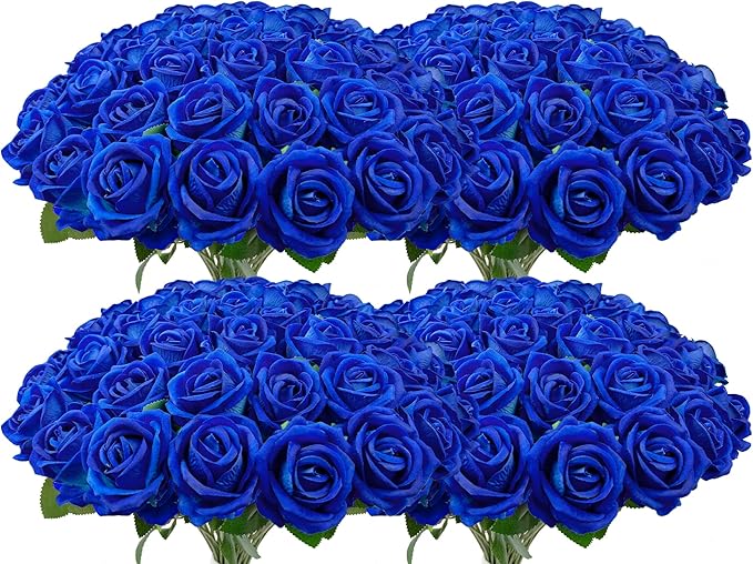 Wondrus Bulk Artificial Flowers 100 PCS, Fake Velvet Silk Blue Roses with Long Stems Realistic Bouquet for Wedding Centerpieces, Faux Arrangement for Home Table Decor
