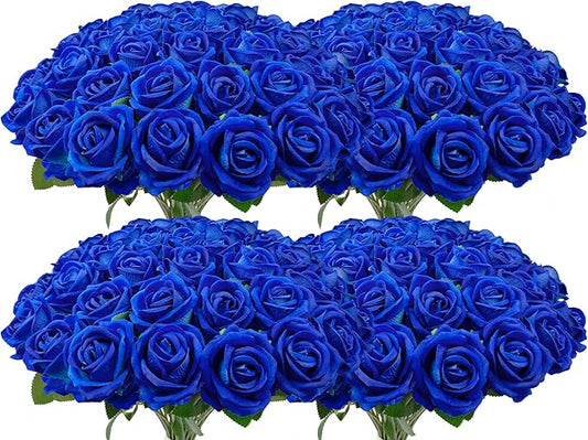 Wondrus Bulk Artificial Flowers 100 PCS, Fake Velvet Silk Blue Roses with Long Stems Realistic Bouquet for Wedding Centerpieces, Faux Arrangement for Home Table Decor