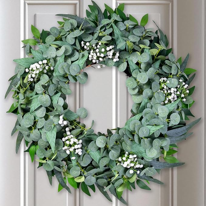 Eucalyptus Wreath for Front Door All Seasons, 20-22" Spring Summer Silk Greenery Wreath for Porch Wall, Artificial Farmhouse Home Decor for Indoor Outdoor
