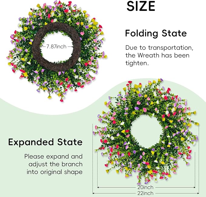 Spring Wreaths for Front Door, 22 Inch Farmhouse Colorful Cottage Wreath, 252 Silk Artificial Carnation Floral with Plastic Greenery Green Leaves Hanging for Porch, Home Summer Decorations