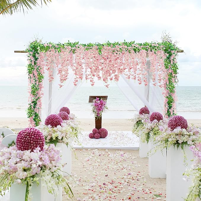 Sggvecsy 6Pcs Wisteria Garland Artificial Flowers Garland Fake Hanging Wisteria Vines Rattan Silk Hanging Flower Vines for Home Garden Outdoor Wedding Arch Party Ceremony Total 35.4Ft (Pink)
