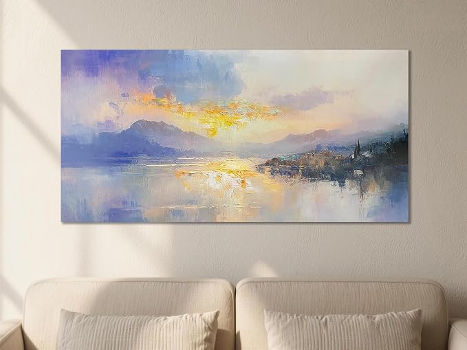 Ardemy Sunrise Lake Canvas Wall Art 40"x20"- Misty Morning Mountain Landscape with Lakeside Cabin, Hand-Textured Soft Glow Picture for Living Room Bedroom Home Office Decor