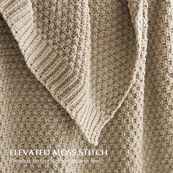 EVERGRACEHOME Chunky Chenille Knit Throw Blanket for Couch, Soft Luxurious Moss Stitch Blankets for Bed, Cozy Decorative Farmhouse Knitted Throws for Sofa, Sand Dune, 50" x 60"