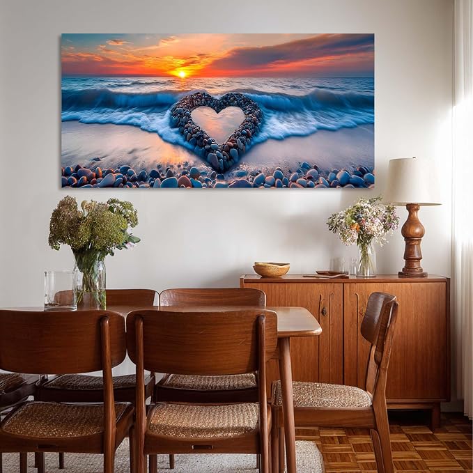 Ggaafet Romantic Love Beach Wall Art for Living Room Canvas Painting Prints Romance Sunset Blue Sandbeach Art Deco Modern Artwork Office Bedroom Family Room Decor Large