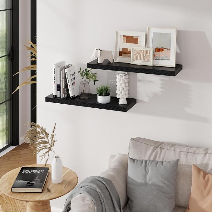 Floating Shelves for Wall, 24 inch Black Floating Shelves, 9.3in Deep Wooden Wall Shelf for Living Room Display Bathroom Book Shelves Laundry Room Storage or Bedroom Kitchen Organizer, 2 Packs